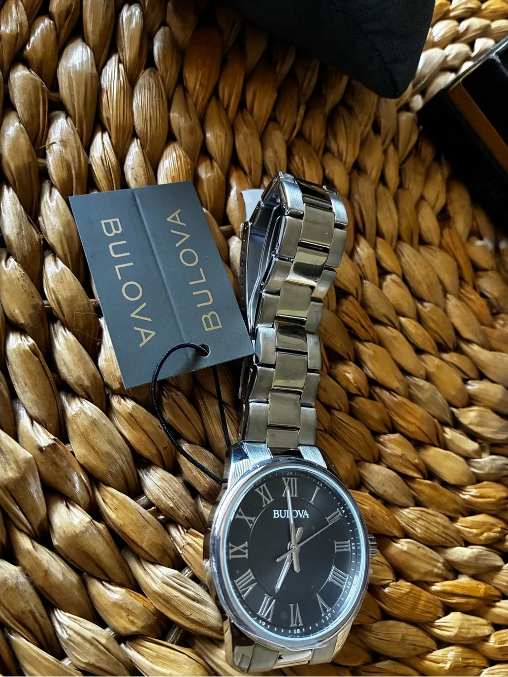 Bulova Silver Men's Watch with Black Dial and Roman Numerals